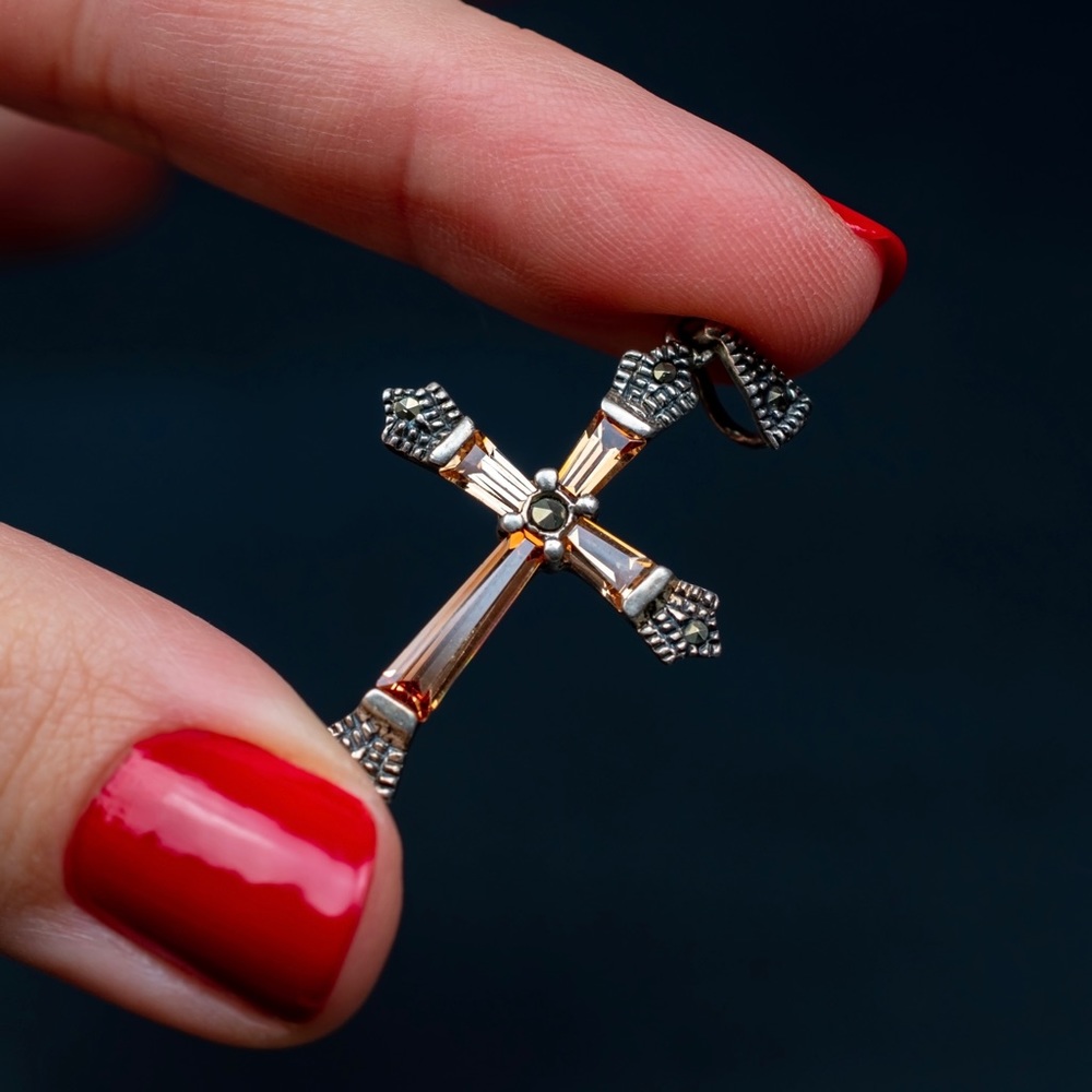 Quirky sterling silver cross pendant, champagne cz crystal cross